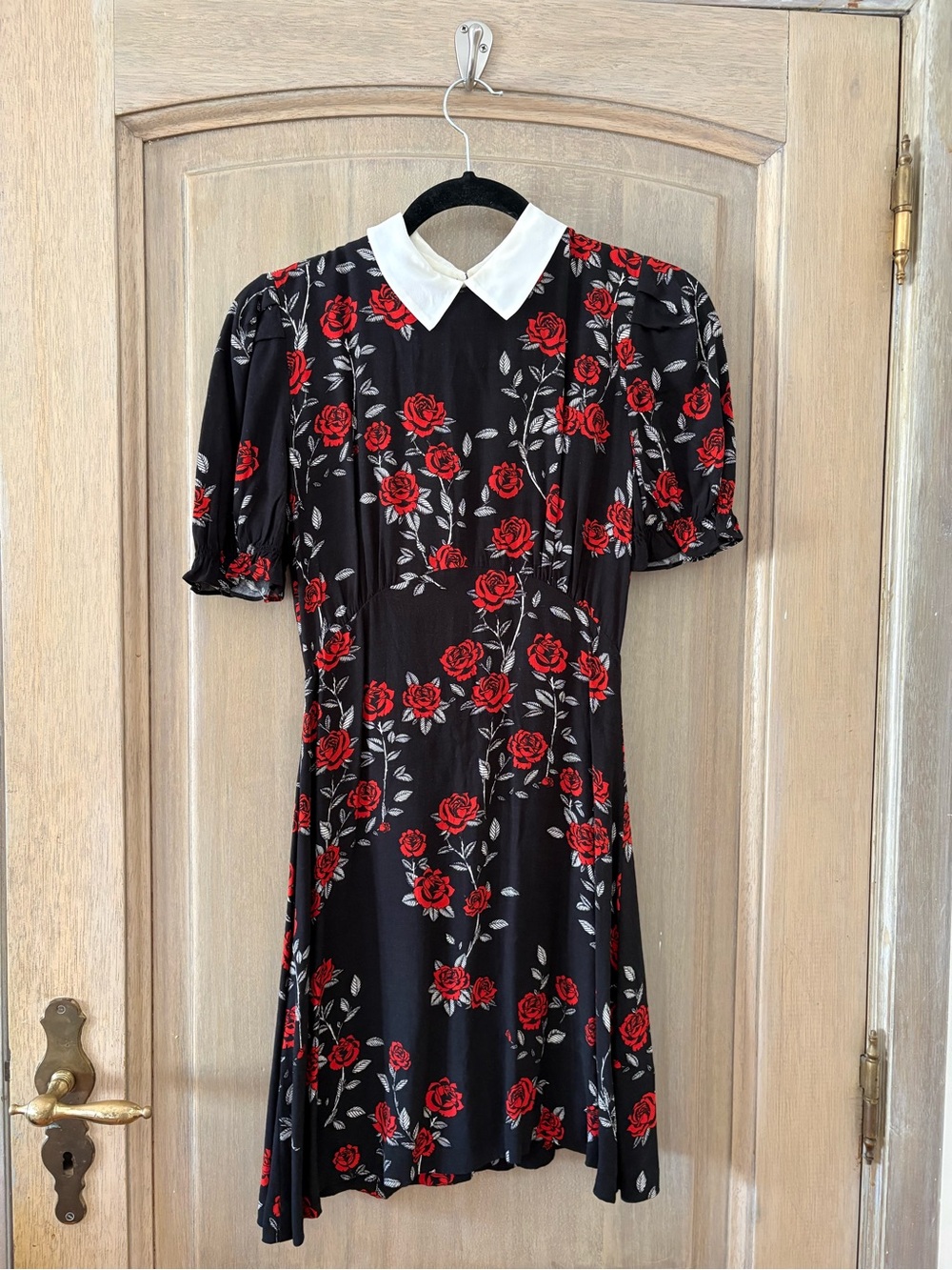 Sandro Floral Collared Midi Dress in Black with Red Roses
